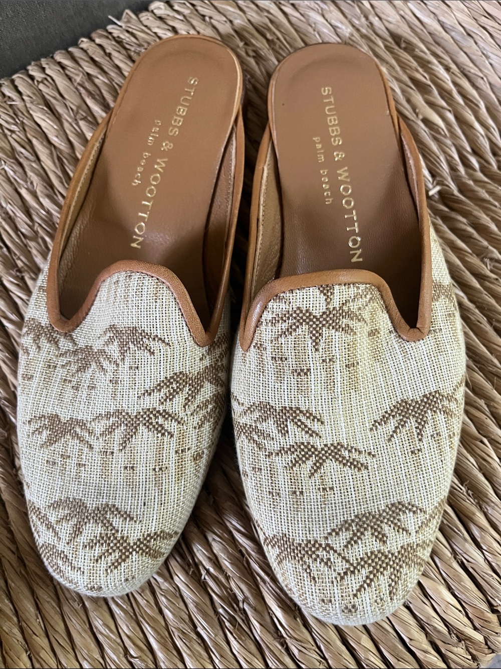 STUBBS & WOOTTON palm tree woven straw mule tapestry slides 5.5, 5 1/2 slides